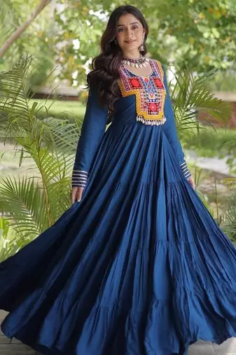 women rayon anarkali gown with kutchi gamthi embroidery - full stitched free size