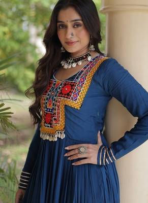 women rayon anarkali gown with kutchi gamthi embroidery - full stitched free size 4