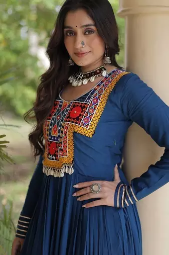 women rayon anarkali gown with kutchi gamthi embroidery - full stitched free size