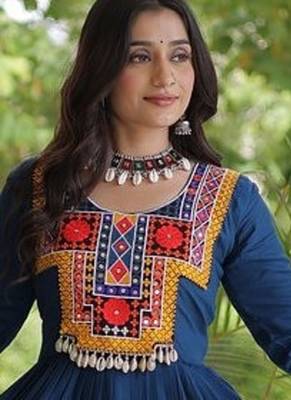 women rayon anarkali gown with kutchi gamthi embroidery - full stitched free size 5