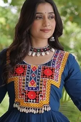 women rayon anarkali gown with kutchi gamthi embroidery - full stitched free size