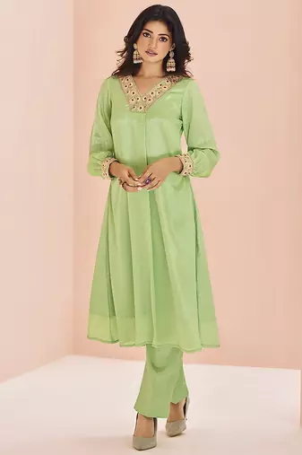 Green hand work embellished kurta set
