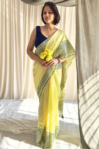 Block printed mul cotton saree