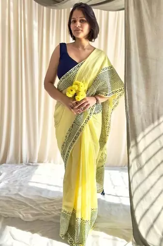 Block printed mul cotton saree