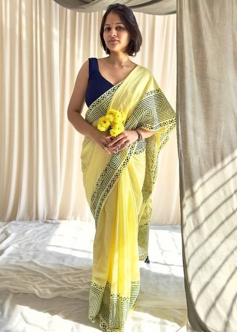Block printed mul cotton saree
