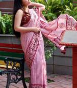 Pink striped hand block printed mulmul cotton saree
