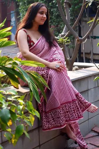 Pink striped hand block printed mulmul cotton saree