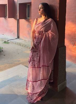Pink striped hand block printed mulmul cotton saree 4