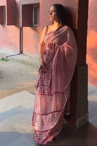 Pink striped hand block printed mulmul cotton saree
