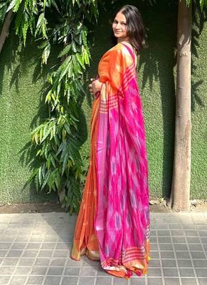  cotton ikkat weave orange and pink saree with blouse piece 1
