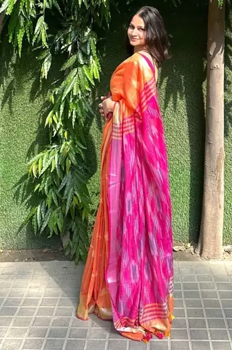  cotton ikkat weave orange and pink saree with blouse piece