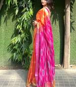  cotton ikkat weave orange and pink saree with blouse piece
