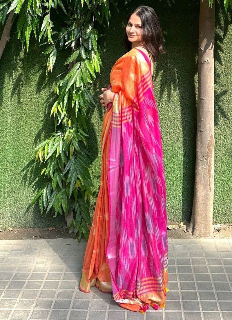  cotton ikkat weave orange and pink saree with blouse piece