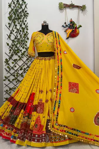 Yellow Mirror Navratri Lehenga Choli With Dupatta