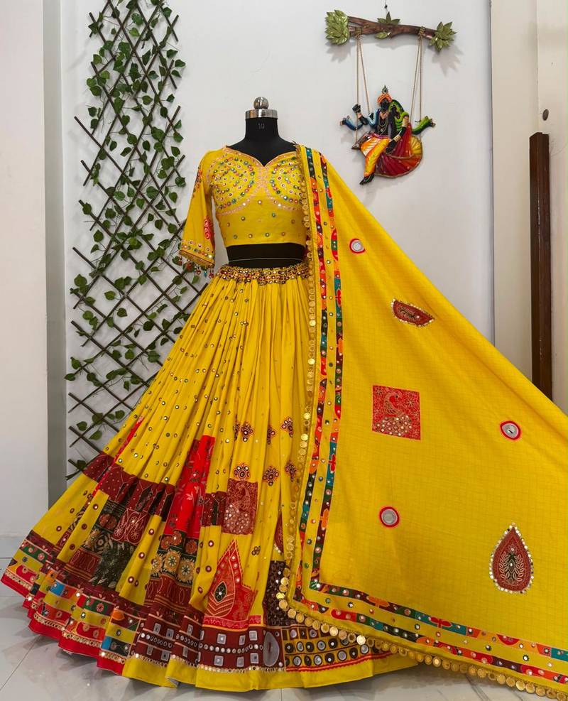 Yellow Mirror Navratri Lehenga Choli With Dupatta