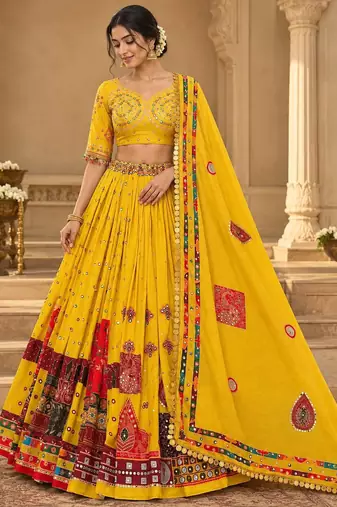 Yellow Mirror Navratri Lehenga Choli With Dupatta