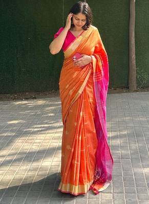  cotton ikkat weave orange and pink saree with blouse piece 2