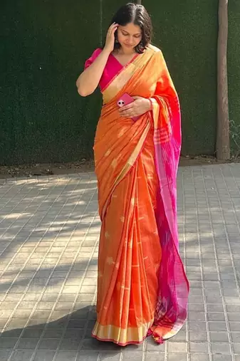  cotton ikkat weave orange and pink saree with blouse piece