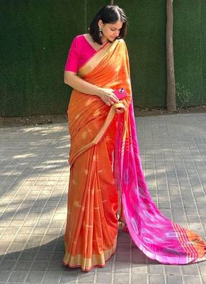  cotton ikkat weave orange and pink saree with blouse piece 3