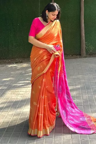  cotton ikkat weave orange and pink saree with blouse piece