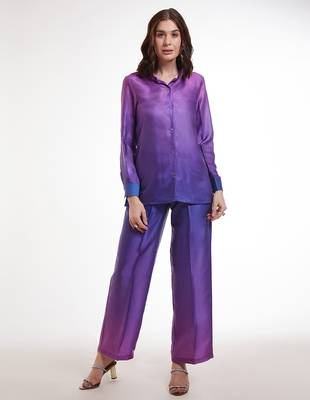 Purple gradient button-down pants set 5