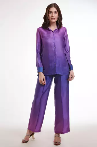 Purple gradient button-down pants set