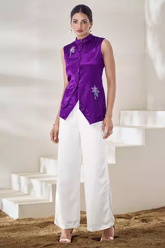 Purple hand-embroidered gaji silk top