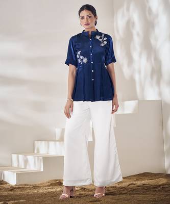 Blue floral hand work silk top 5