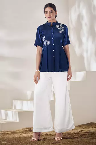 Blue floral hand work silk top