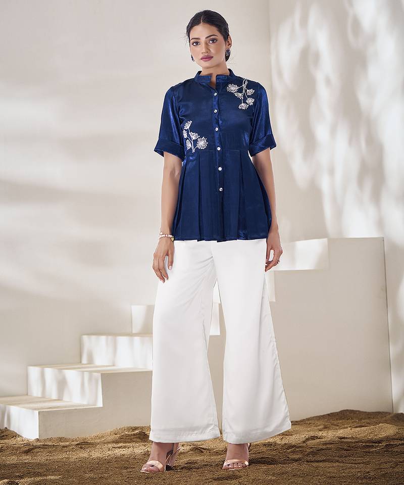 Blue floral hand work silk top