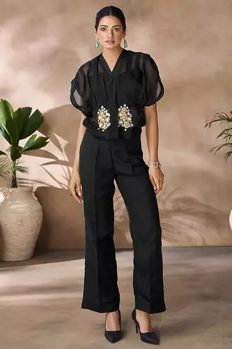 Chic black handworked top trousers set