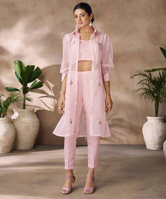 Elegant pink organza co-ord set with embroidered long jacket 5
