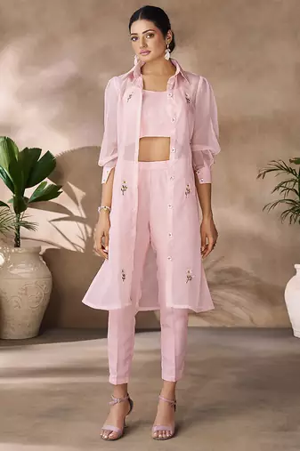 Elegant pink organza co-ord set with embroidered long jacket