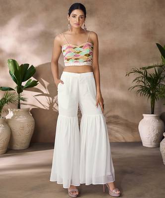 Hand-embroidered beaded crop top with flowy palazzo & sheer cape 5