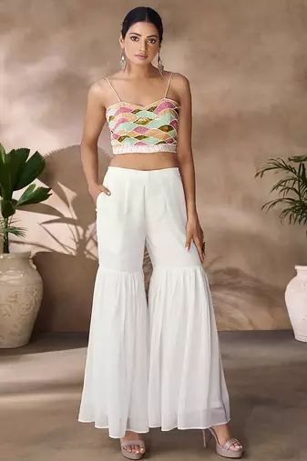 Hand-embroidered beaded crop top with flowy palazzo & sheer cape
