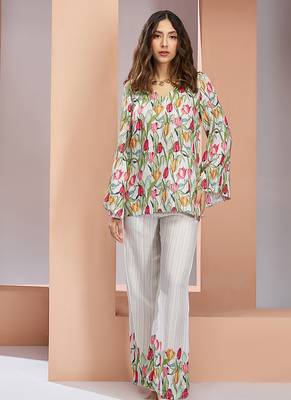 Elegant white floral printed co-ord set with stylish tulip motif 5