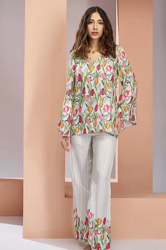 Elegant white floral printed co-ord set with stylish tulip motif