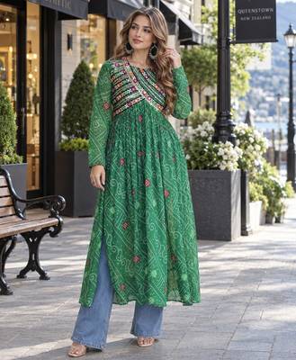 Green faux georgette bandhani readymade top with patch work 1