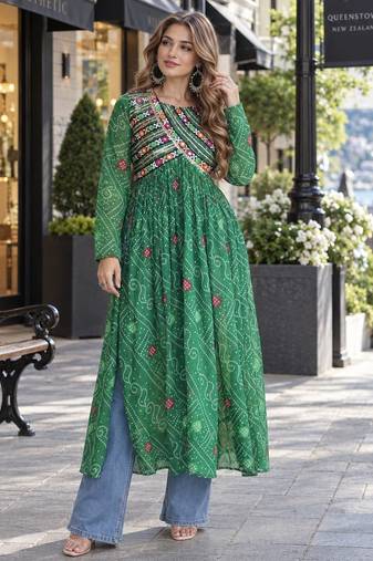 Green faux georgette bandhani readymade top with patch work