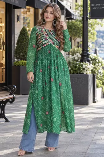 Green faux georgette bandhani readymade top with patch work