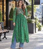Green faux georgette bandhani readymade top with patch work