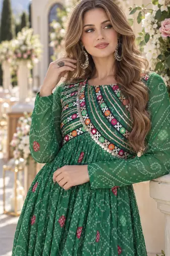 Green faux georgette bandhani readymade top with patch work