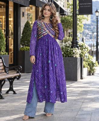 Violet faux georgette bandhani readymade top with patch work 1