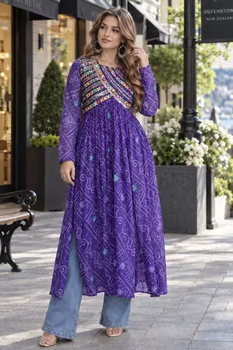 Violet faux georgette bandhani readymade top with patch work