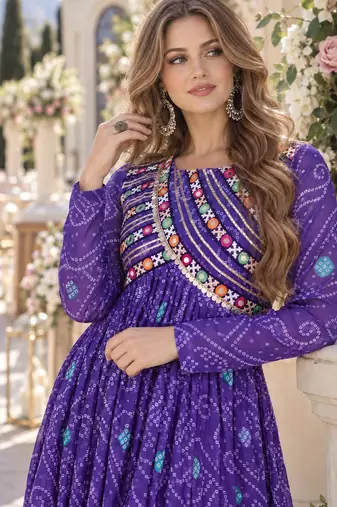 Violet faux georgette bandhani readymade top with patch work