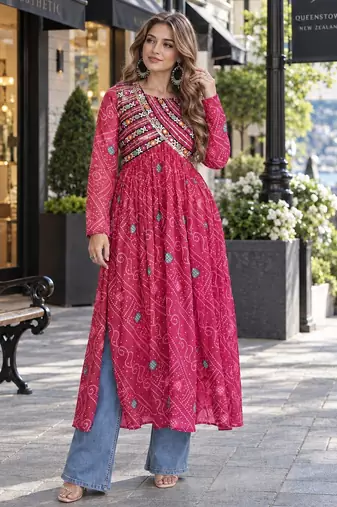 Pink faux georgette bandhani readymade top with patch work