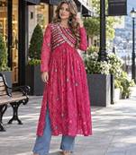 Pink faux georgette bandhani readymade top with patch work