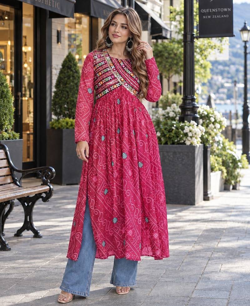 Pink faux georgette bandhani readymade top with patch work