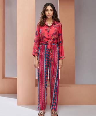 Coral pink printed co-ord set for women 5