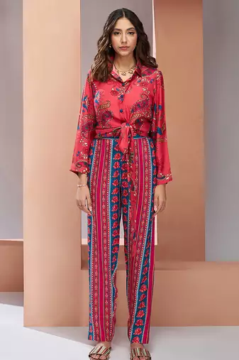 Coral pink printed co-ord set for women
